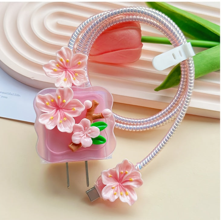 5pcs 3D Flower Cartoon Data Cable Protection Sleeve Winder, Suitable for Apple 20W/18W Charger, iPad Fast Charging Data Cable Soft Shell Protective Sleeve